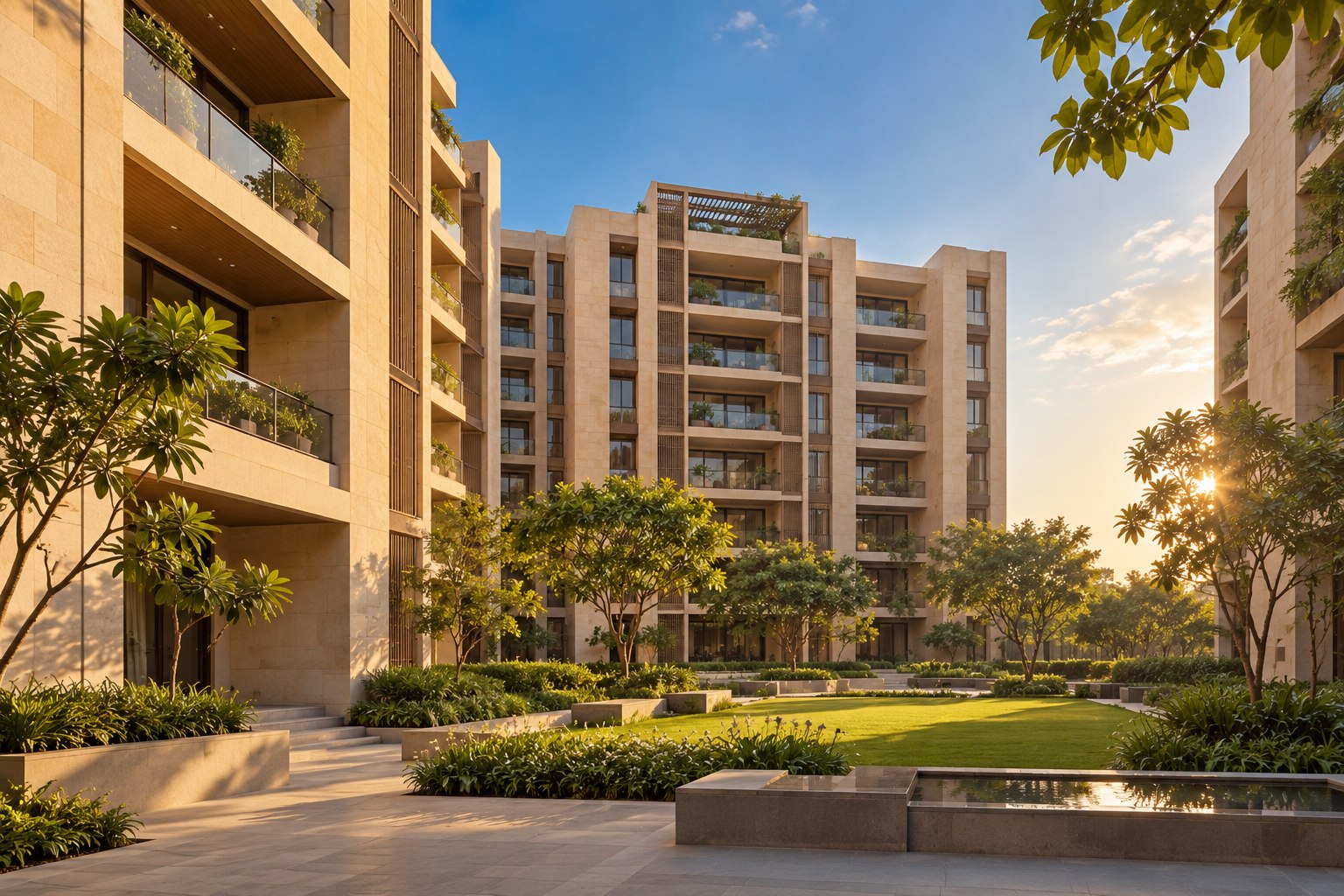 Illustrative contemporary apartment buildings with a landscaped courtyard