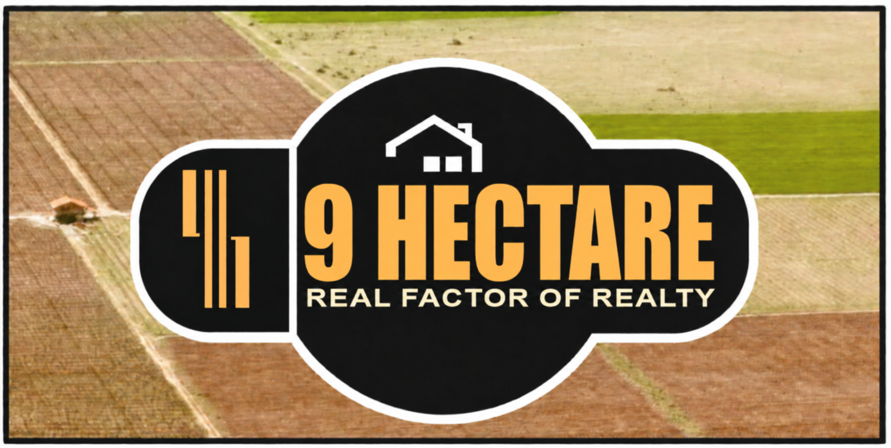 9 Hectare — Real Factor of Realty, with a golden monogram and farmland background